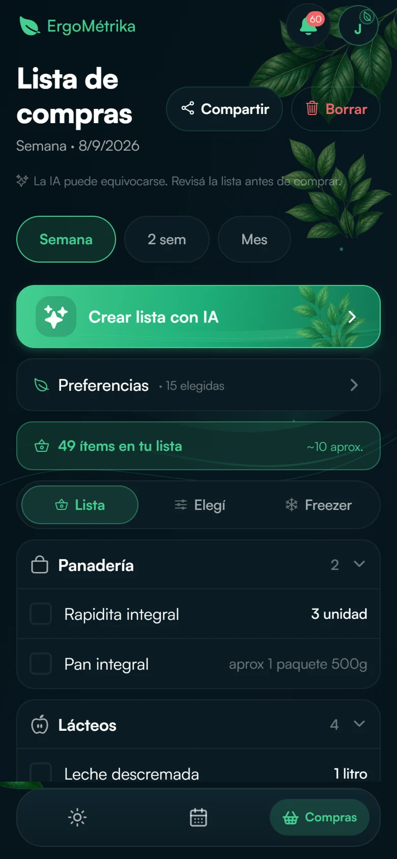 Lista de compras en la aplicación: 49 ítems agrupados por sección del supermercado, con cantidades en unidades de venta