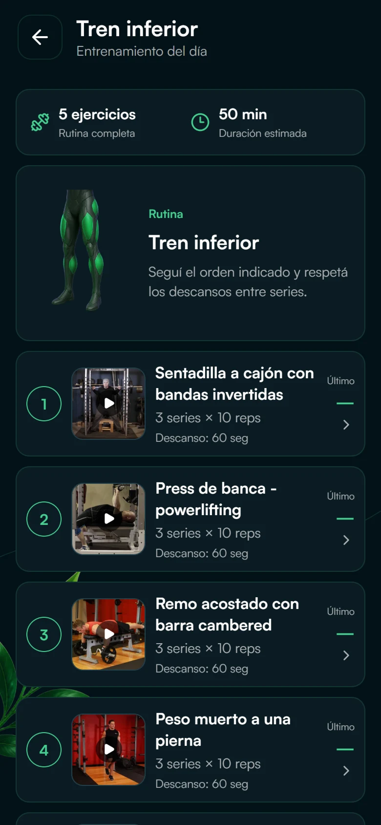 Sesión del lunes en la aplicación: cinco ejercicios con foto, series por repeticiones y descanso