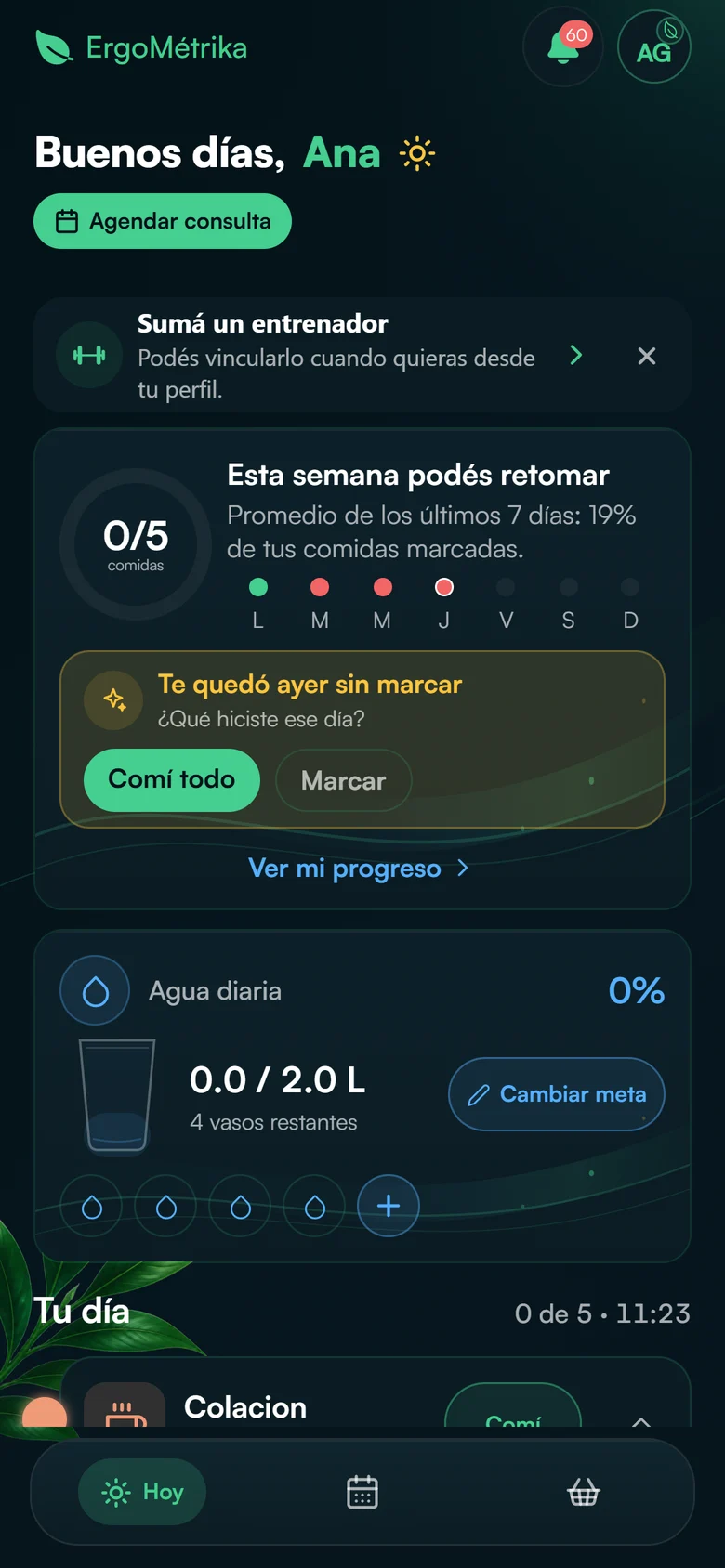 Pantalla Hoy real de la aplicación del cliente, en tema oscuro