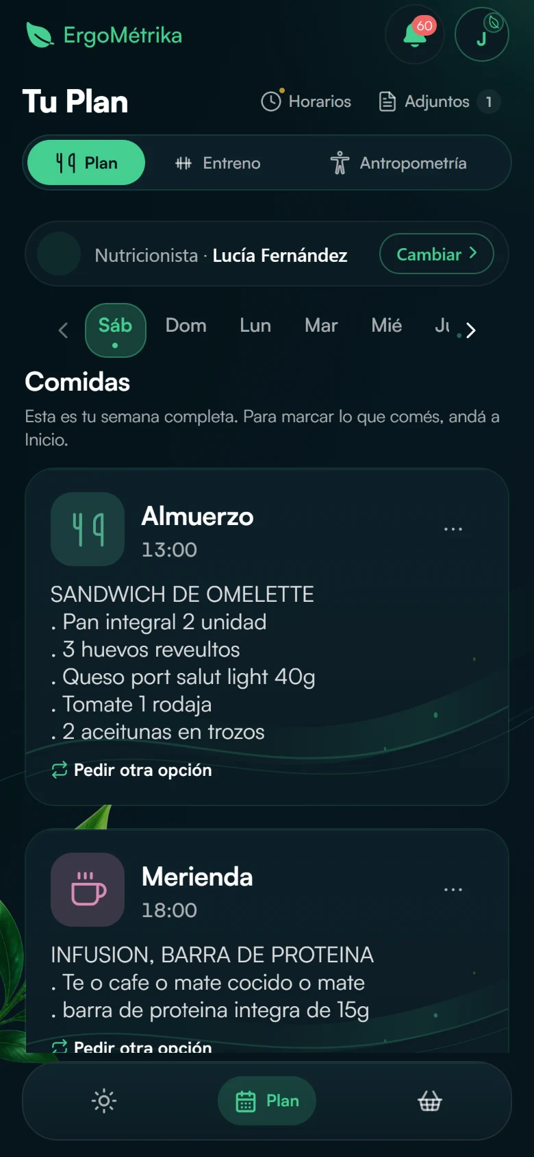 Tu Plan en la aplicación: la semana por días, cada comida con su horario, sus ingredientes y el botón Pedir otra opción