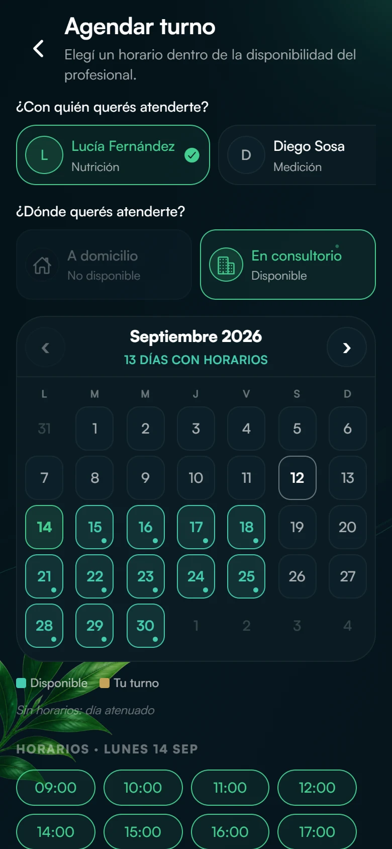 Pedir turno en la aplicación: elegir profesional, consultorio o domicilio, el día en el calendario y un horario libre