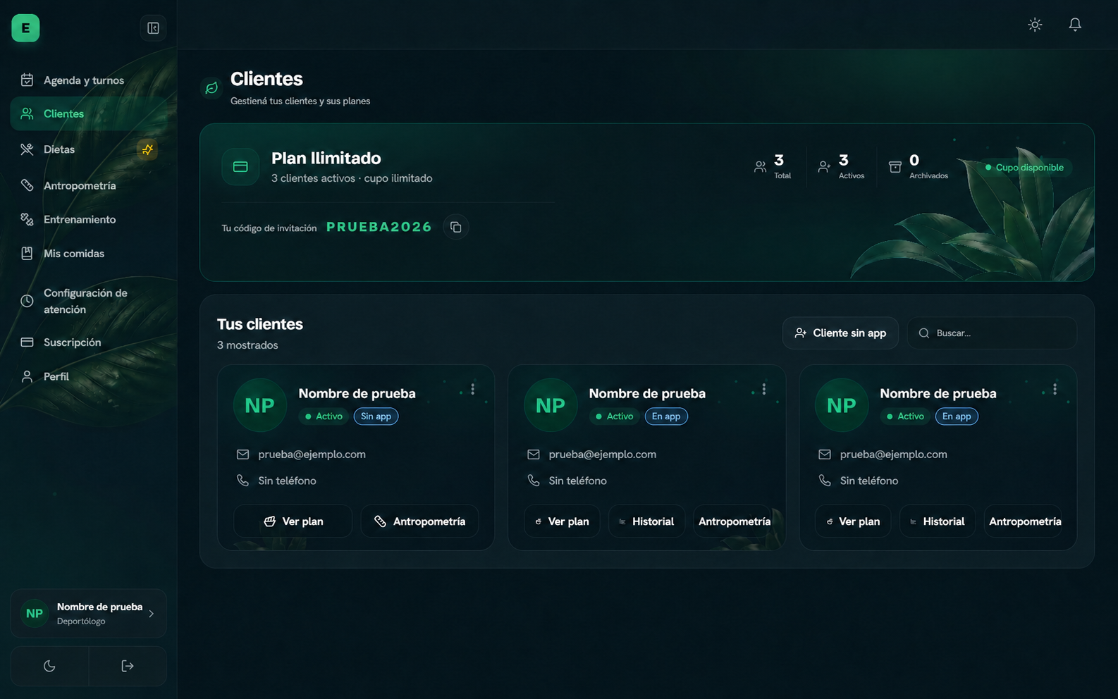 Pantalla de demostración de gestión de clientes en ErgoMétrika
