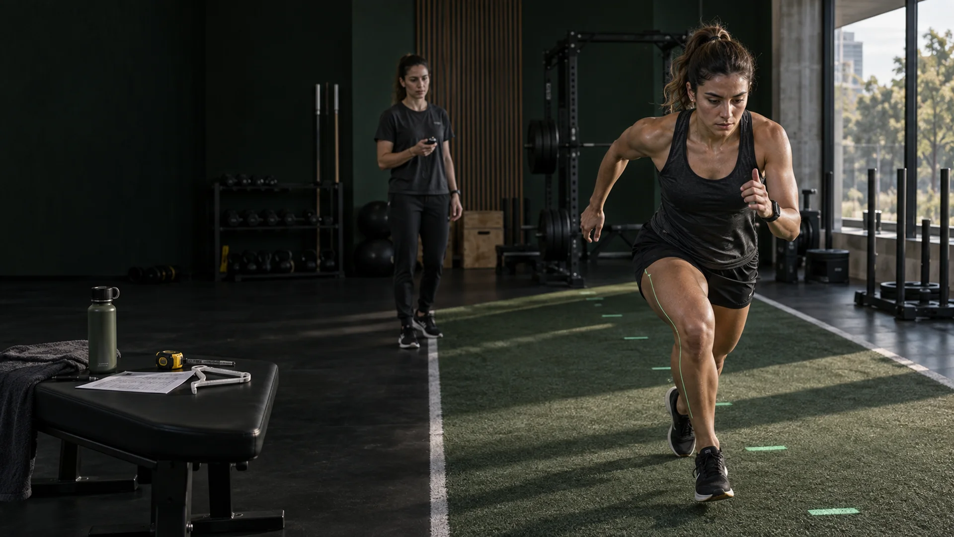Deportista realizando una prueba de aceleración mientras una profesional registra su rendimiento