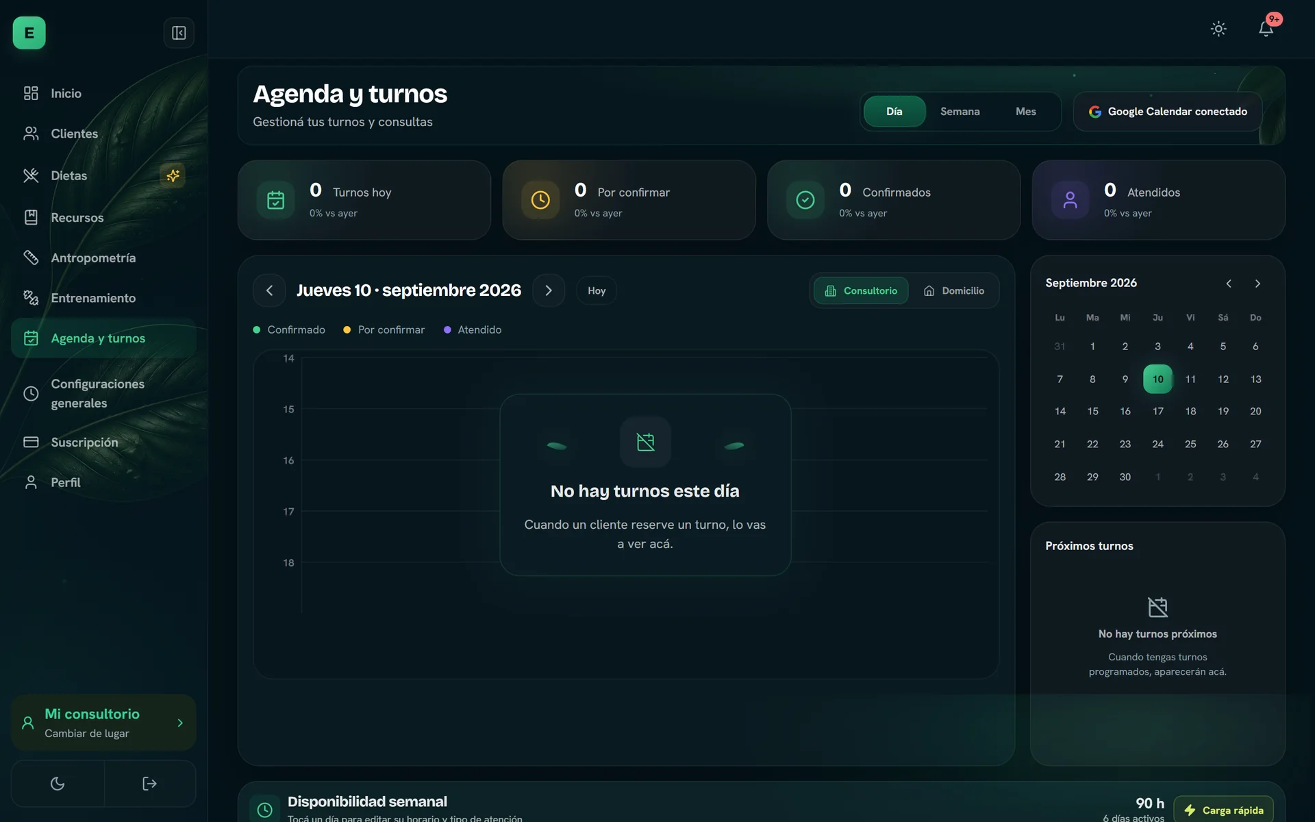 Agenda y turnos de ErgoMétrika: vista del día, consultorio o domicilio, y Google Calendar conectado